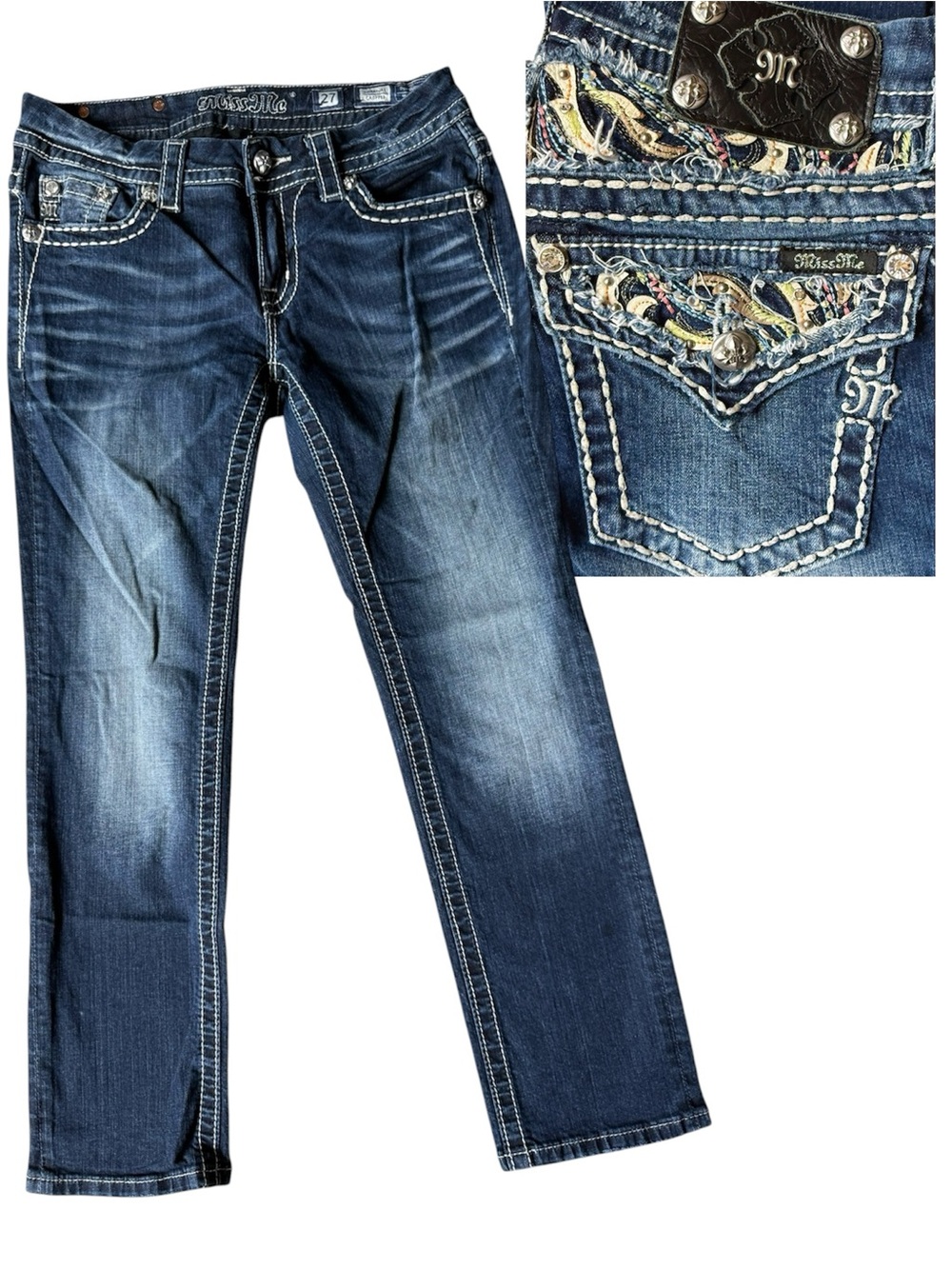 Miss Me Signature Crop Jeans Low Rise Embroidered Flap Pocket Denim - Size 27
